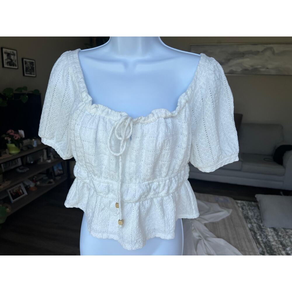 White Puff Sleeve Babydoll Milkmaid Crop Top Womens Large #517‎